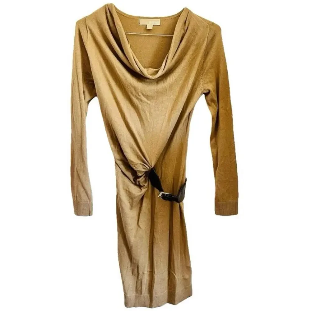 MK MICHAEL KORS Cream Tan Brown Leather Buckle Belt Cowl Neck Sweater Dress S